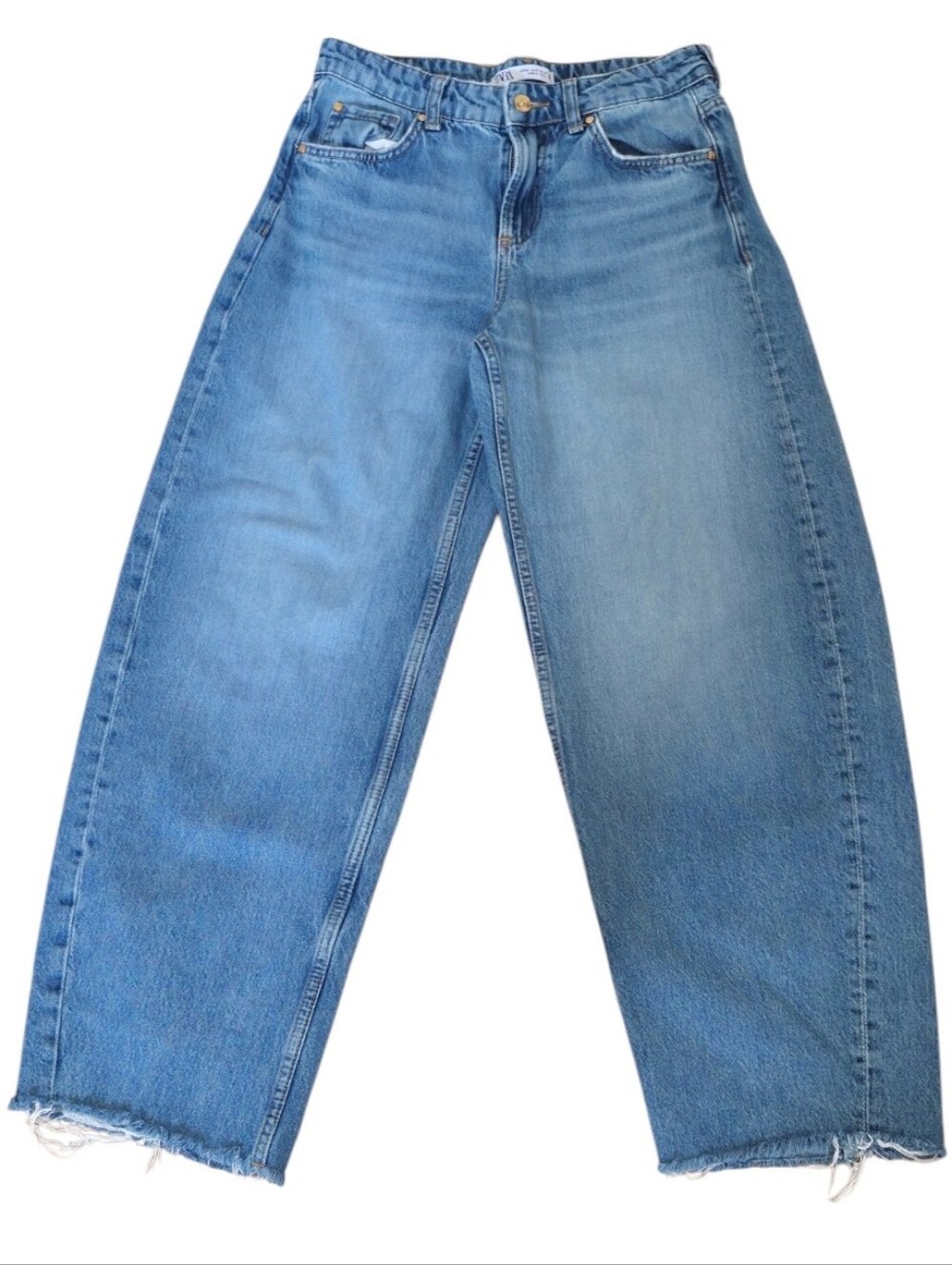 Zara Barrel Leg Jeans Women's USA 2 Light Wash High Rise Raw Hem Ankle